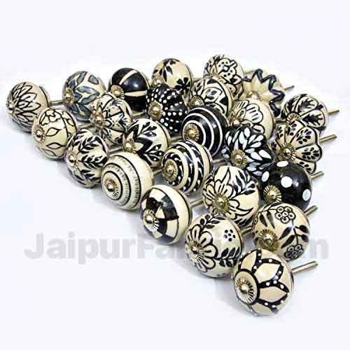 Black & White Set of 25 Pcs Fabricated Knobs for Doors and Cabinets with Brass Blue Pottery