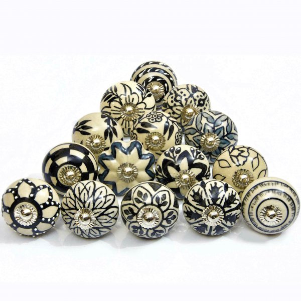 Black & White Set of 15 Pcs Fabricated Knobs for Doors and Cabinets with Brass Blue Pottery