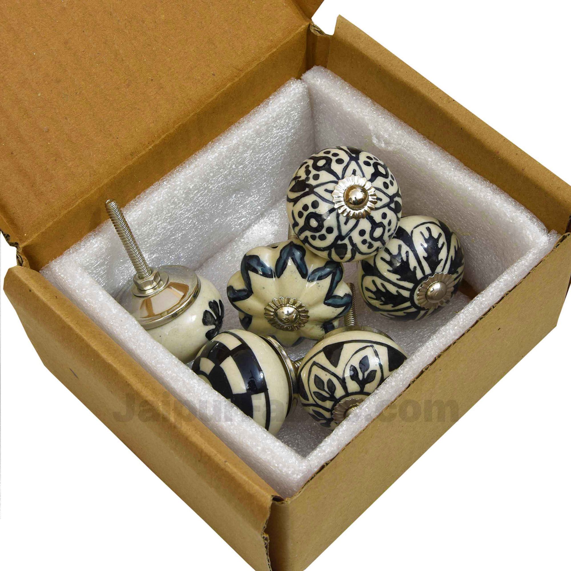 Black & White Set of 6 Pcs Fabricated Knobs for Doors and Cabinets with Brass Blue Pottery