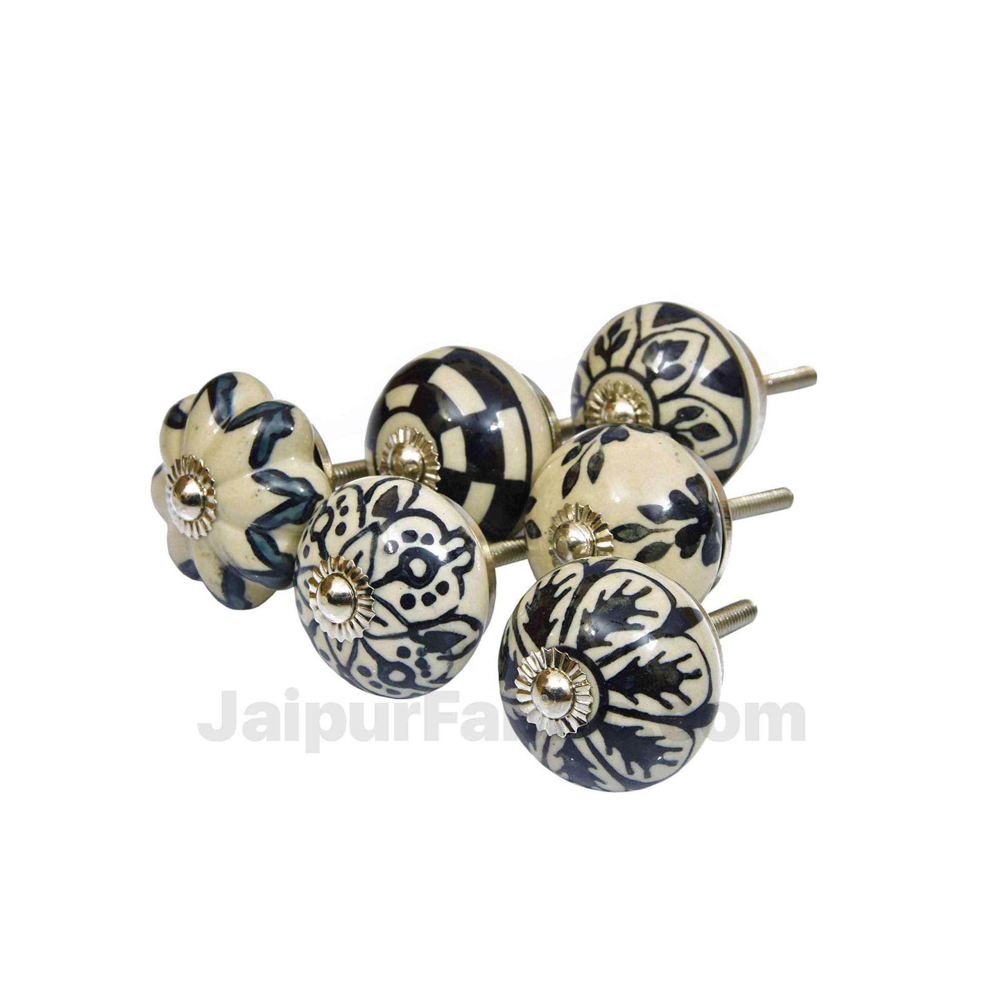 Black & White Set of 6 Pcs Fabricated Knobs for Doors and Cabinets with Brass Blue Pottery
