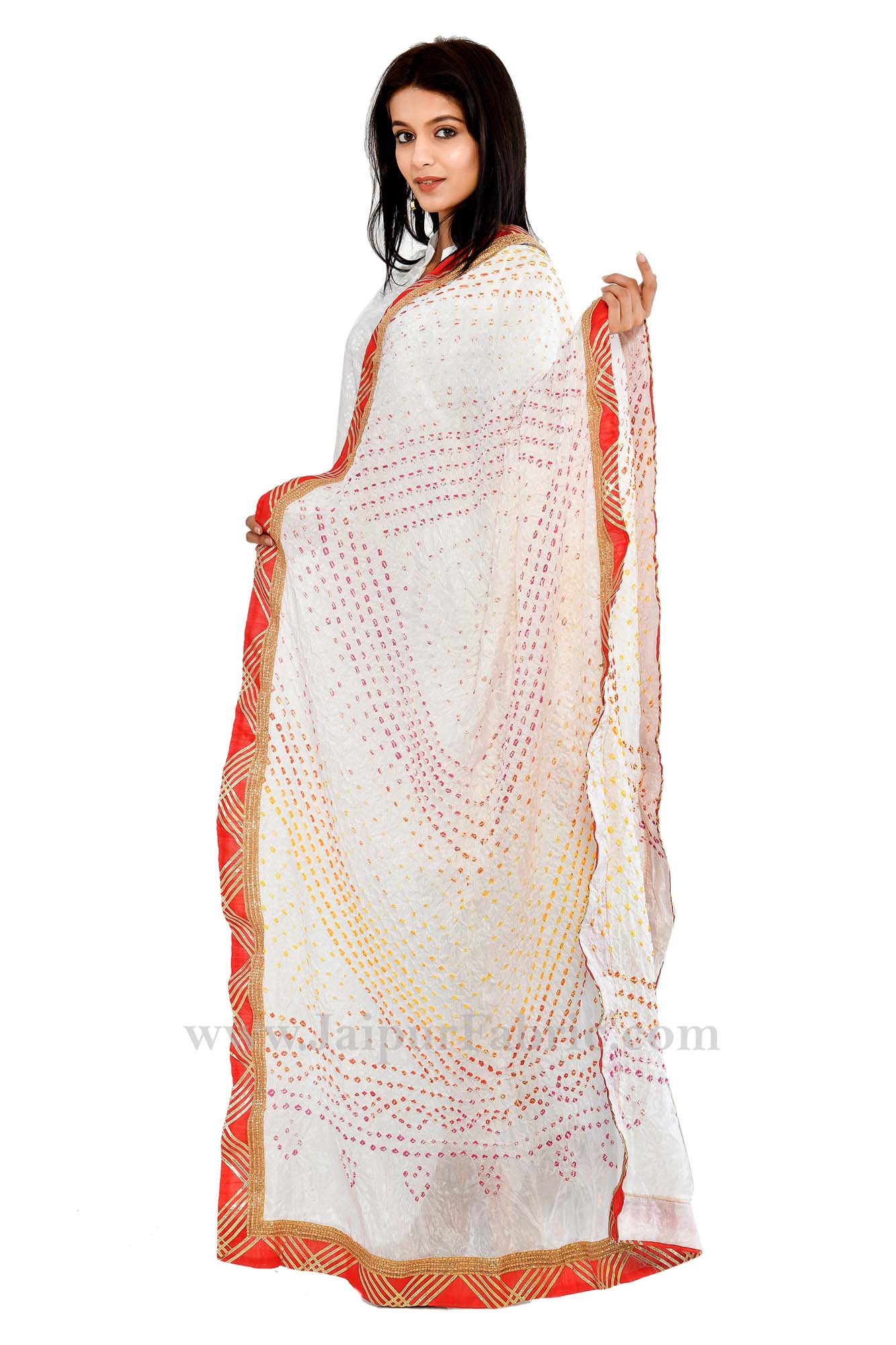 Magji Border White Art silk Jaipuri Rajasthani Bandhni Bandhej Multi-Colored Heavy Dupatta Chunni