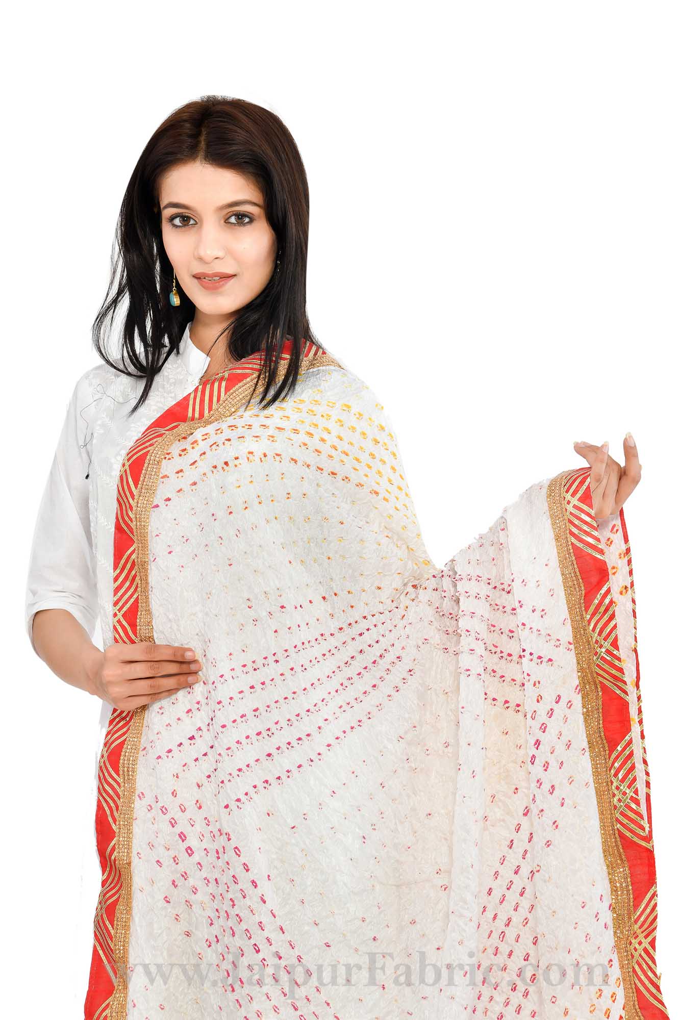 Magji Border White Art silk Jaipuri Rajasthani Bandhni Bandhej Multi-Colored Heavy Dupatta Chunni