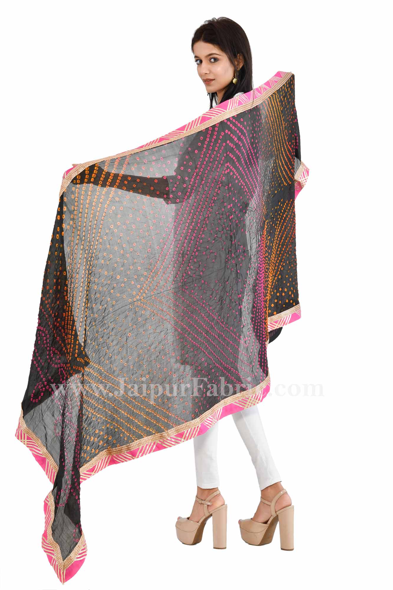 Magji Border Black Multi Art silk Jaipuri Rajasthani Bandhni Bandhej Multi-Colored Heavy Dupatta Chunni