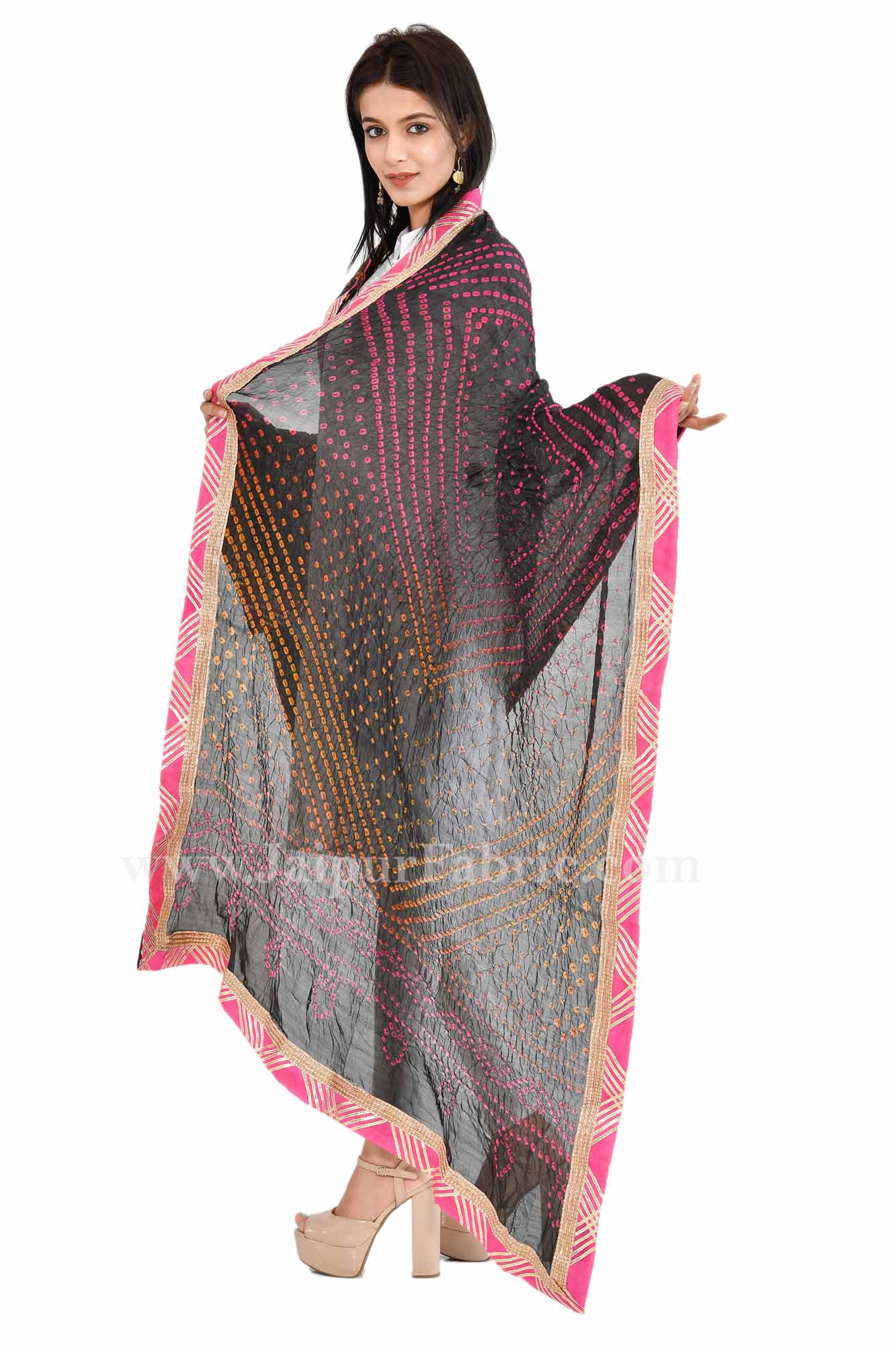 Magji Border Black Multi Art silk Jaipuri Rajasthani Bandhni Bandhej Multi-Colored Heavy Dupatta Chunni