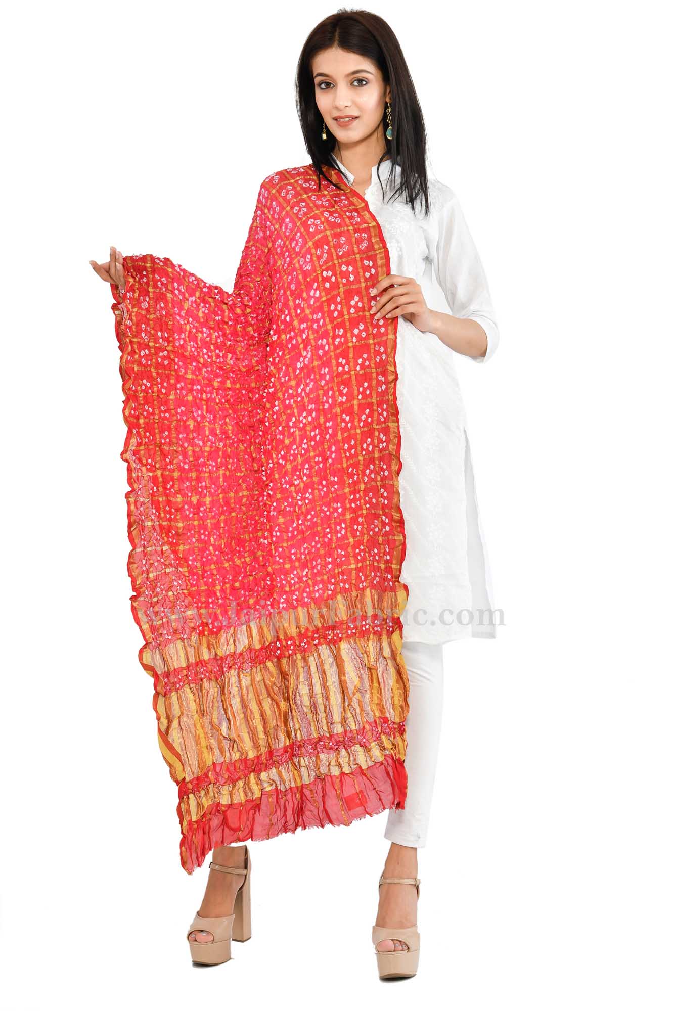 Gharchola Art Silk Red Jaipuri Rajasthani Bandhni Bandhej Multi-Colored Heavy Dupatta Chunni