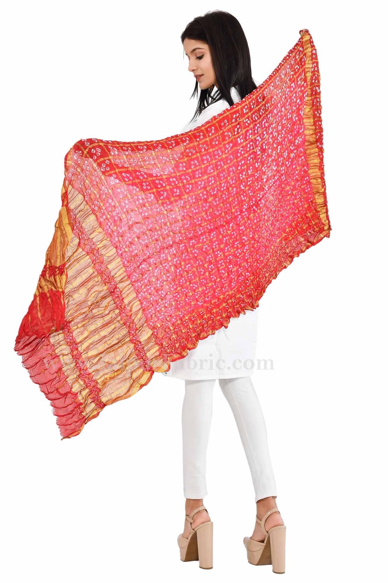 Gharchola Art Silk Red Jaipuri Rajasthani Bandhni Bandhej Multi-Colored Heavy Dupatta Chunni