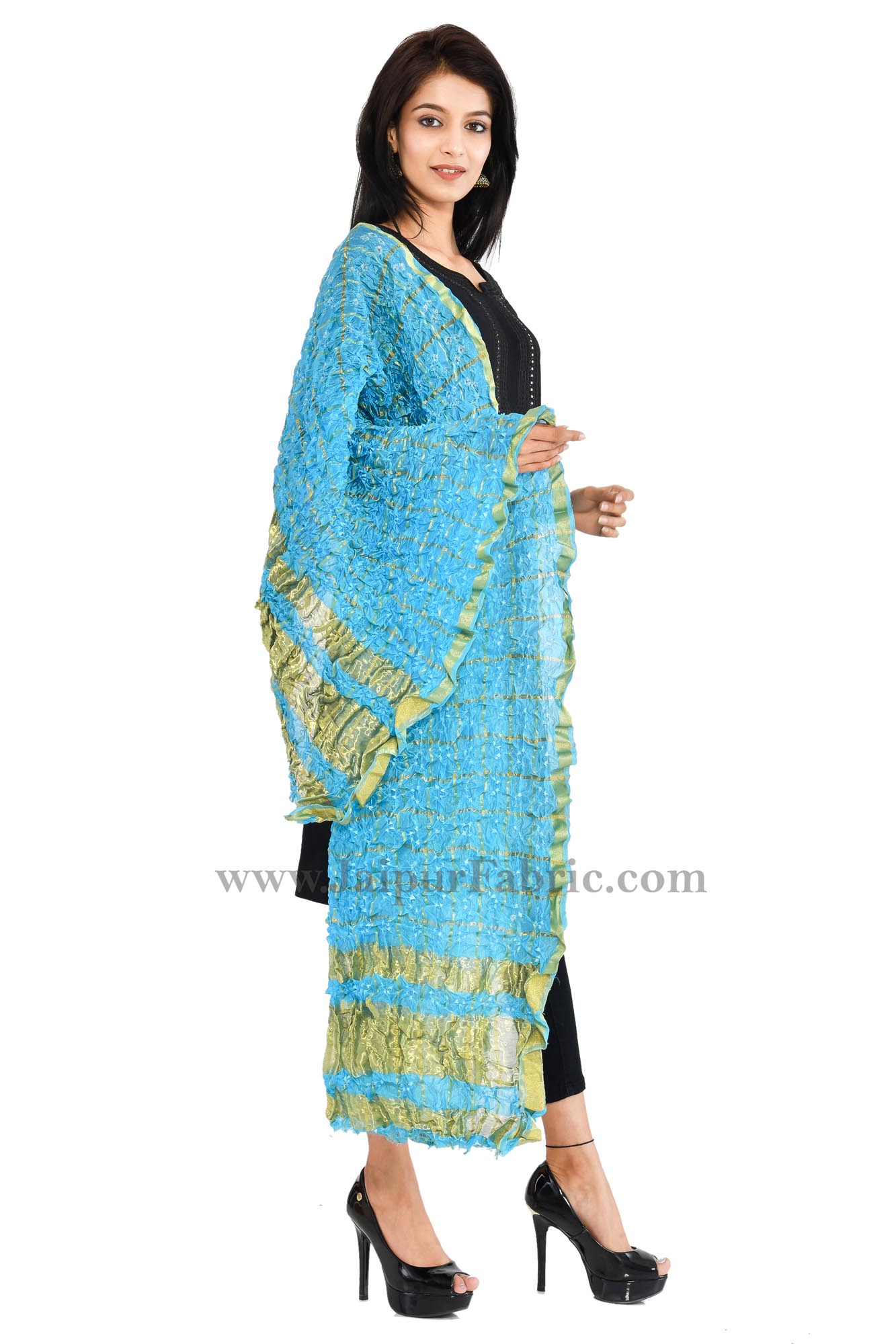 Gharchola Art Silk Blue Jaipuri Rajasthani Bandhni Bandhej Multi-Colored Heavy Dupatta Chunni