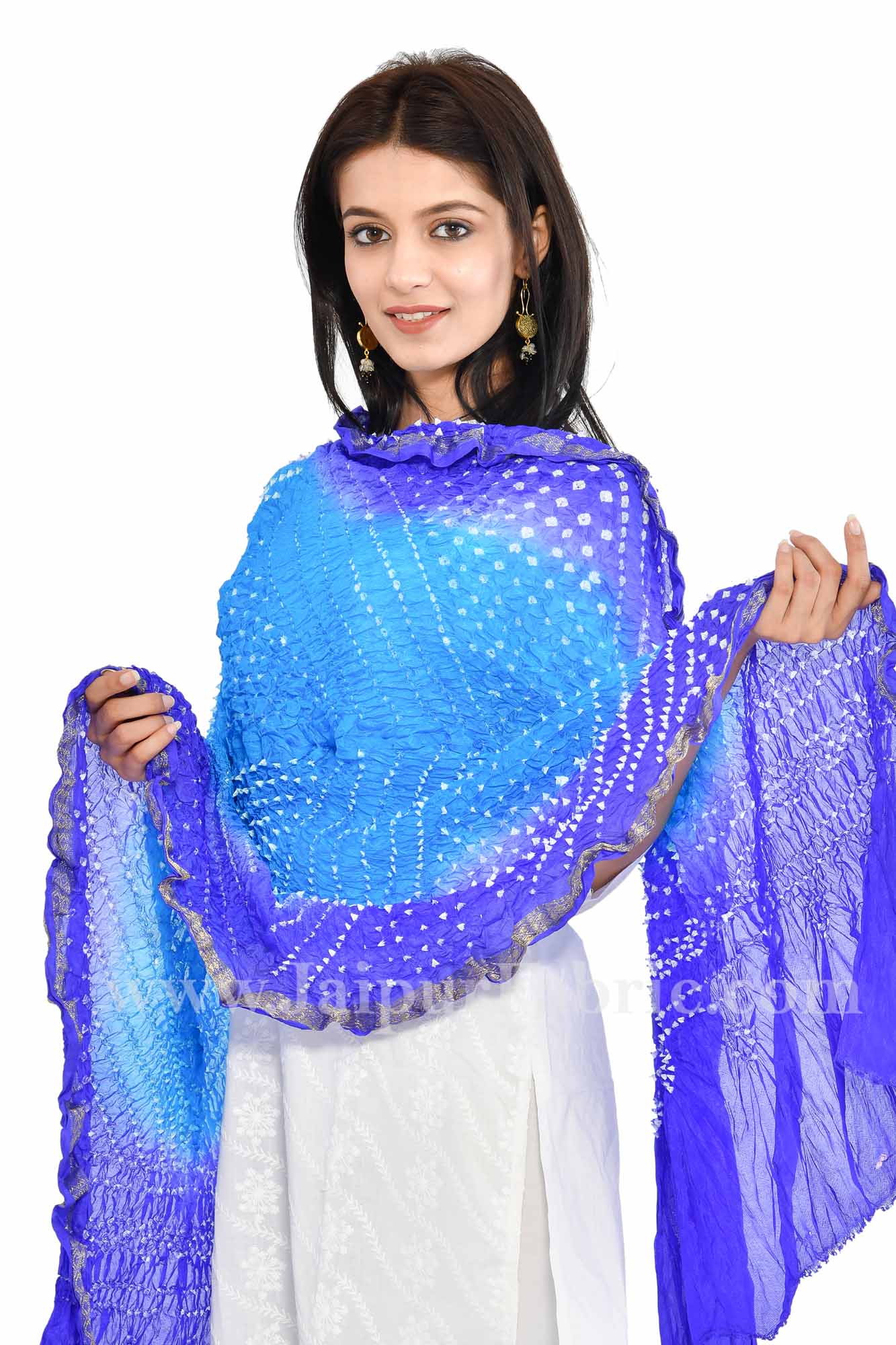 Zari Border Blue Colored Jaipuri Rajasthani Art Silk Bandhni Bandhej Heavy Dupatta Chunni