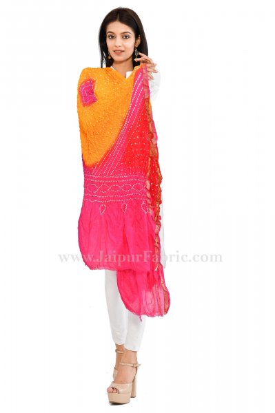 Fancy Lehariya Pink & yellow eavy Dupatta Chunni  Jaipuri Rajasthani Bandhni Bandhej Multi-Colored