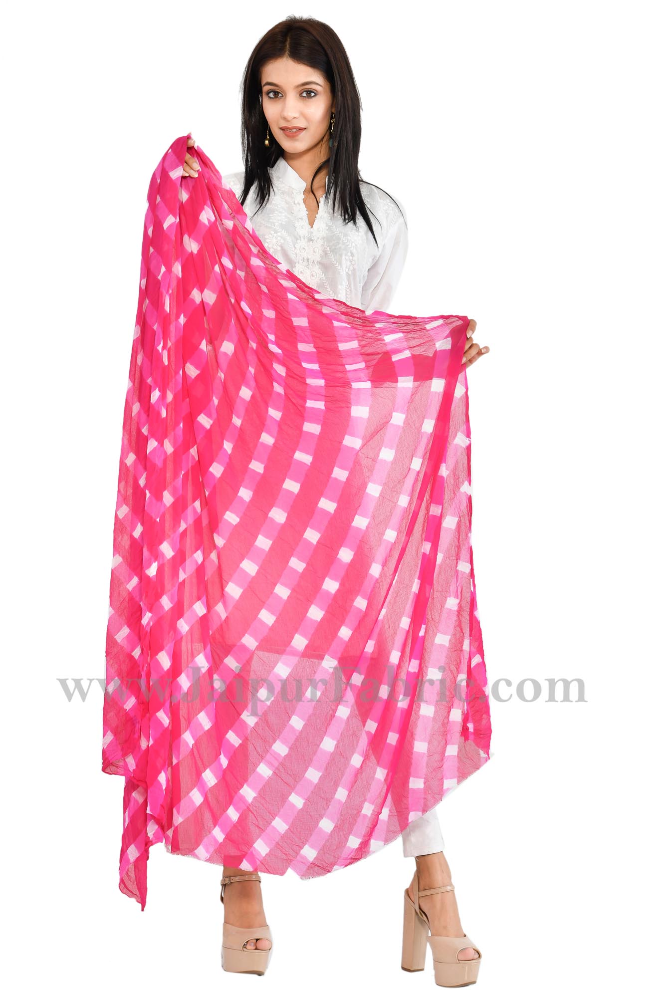 Fancy Lehariya Pink & white Multi-Colored Chiffon Heavy Dupatta Jaipuri Rajasthani Bandhni Bandhej  Chunni