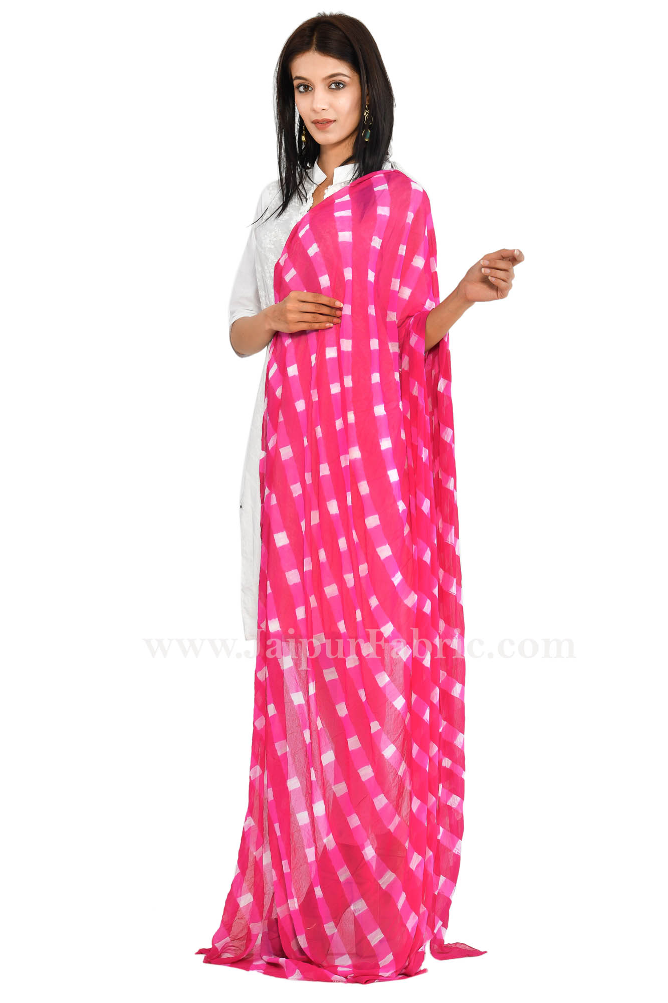Fancy Lehariya Pink & white Multi-Colored Chiffon Heavy Dupatta Jaipuri Rajasthani Bandhni Bandhej  Chunni