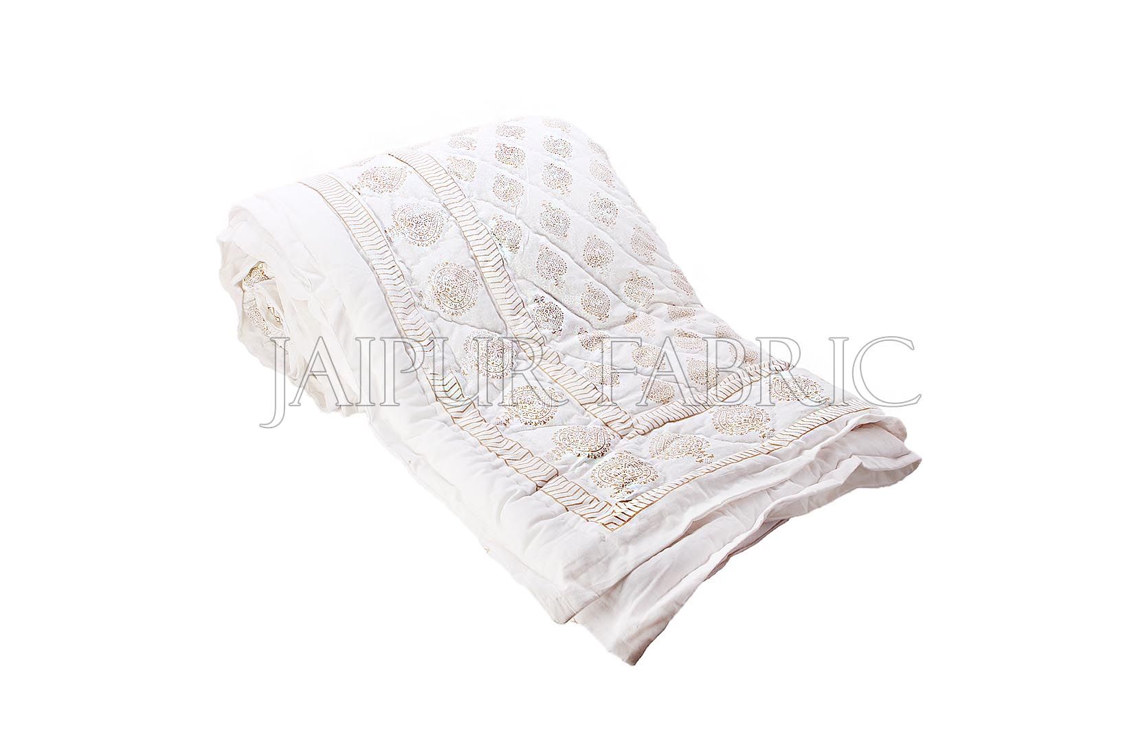 Royal Kalash Golden Print White Base Double Bed Quilt