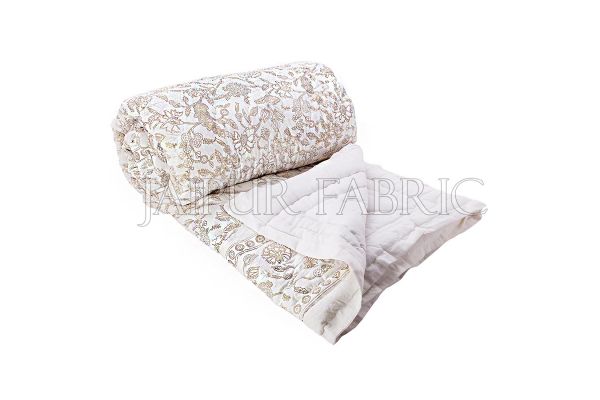 Royal Floral Golden Print White Base Double Bed Quilt
