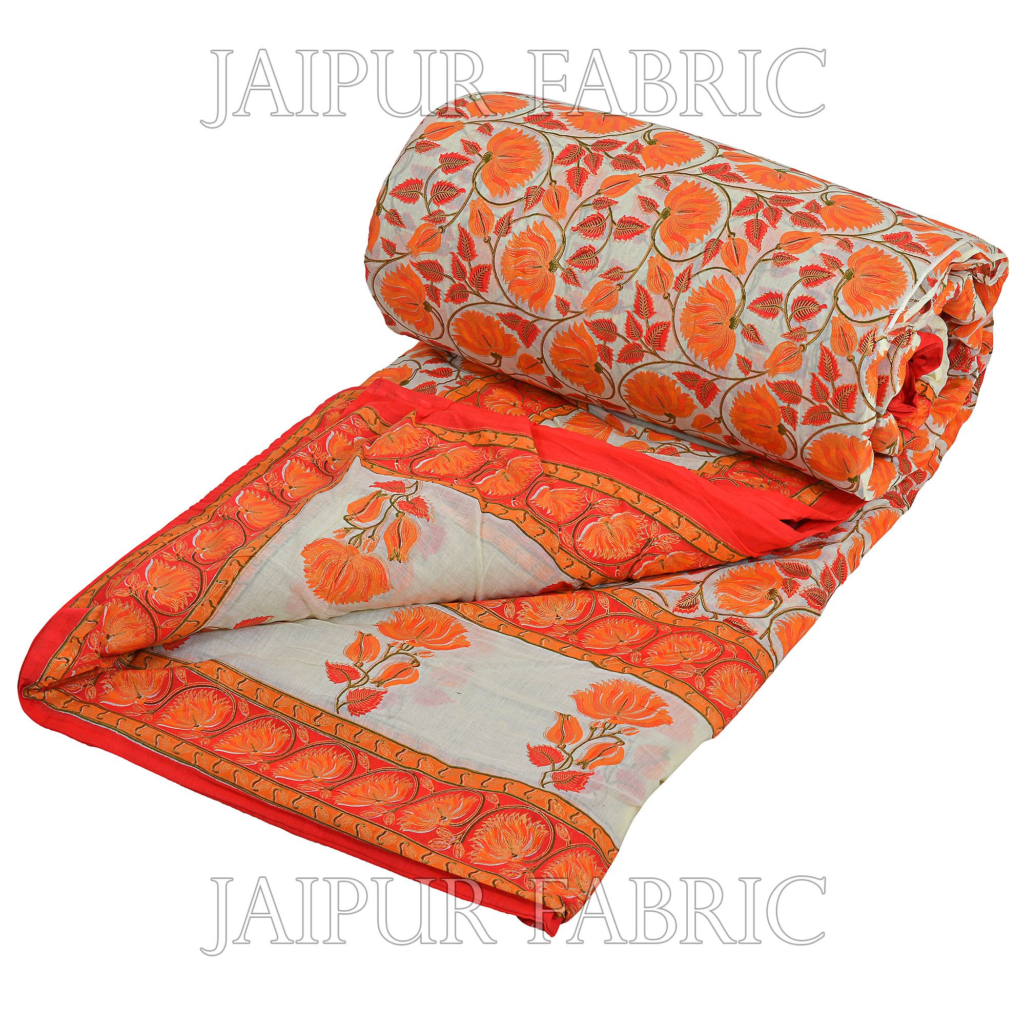 Orange And Cream Border With Golden Print Orange Flower Super Fine Cotton Voile(Mulmul) Both Side Printed Cotton Double Bed Quilt