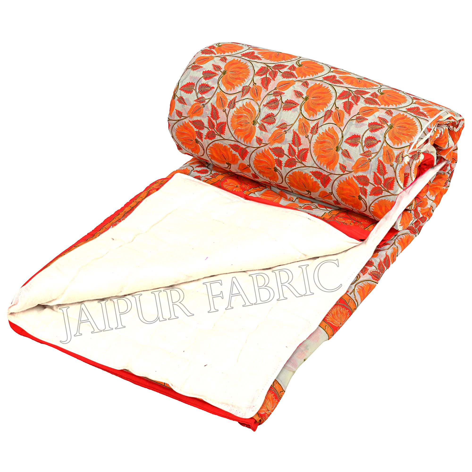 Orange And Cream Border With Golden Print Orange Flower Super Fine Cotton Voile(Mulmul) One Side  Printed Cotton Double Bed Quilt