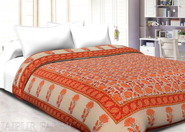 Orange And Cream Border With Golden Print Orange Flower Super Fine Cotton Voile(Mulmul) One Side  Printed Cotton Double Bed Quilt