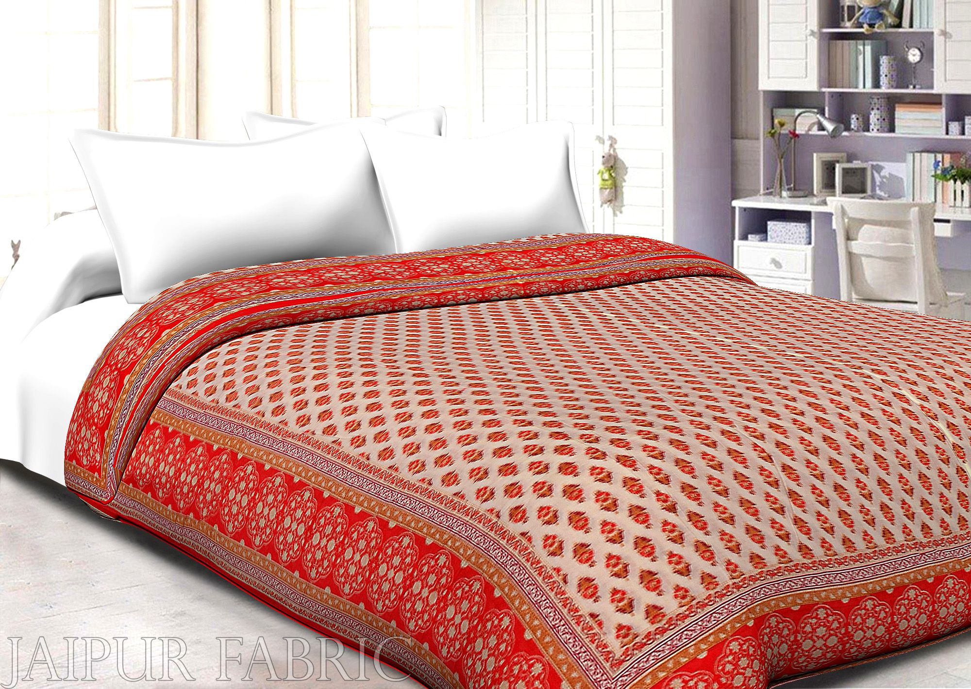 Orange Border Cream Base Golden Floral Print Super Fine Cotton Voile(Mulmul) Both Side Printed Double Bed Quilt