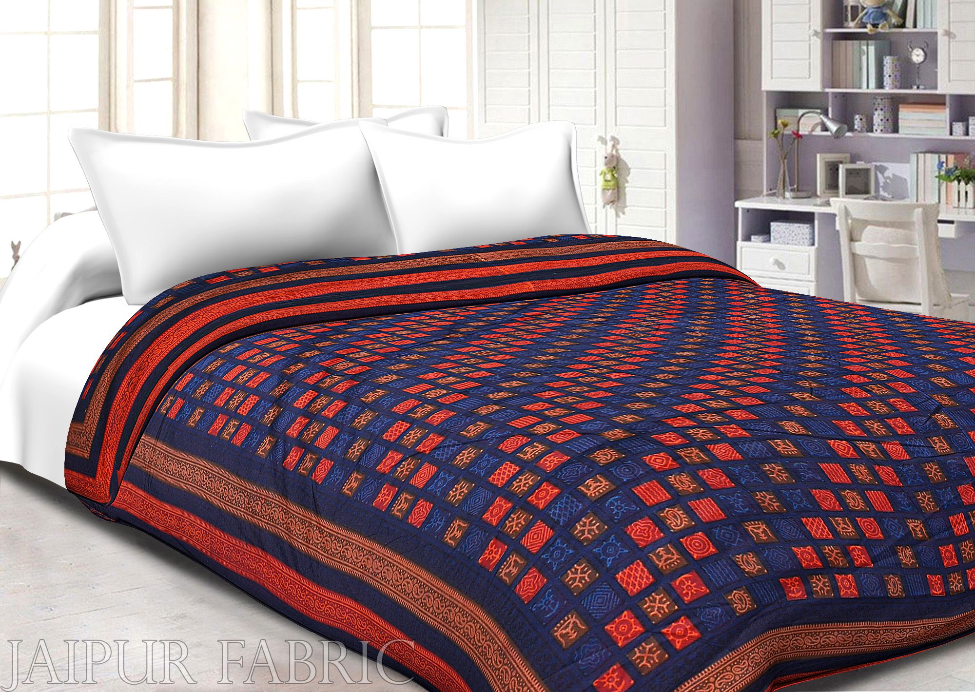 Orange And Navy Blue Border Bagru Check Print Super Fine Mulmal  Both Side Printed  Double Bed Quilt