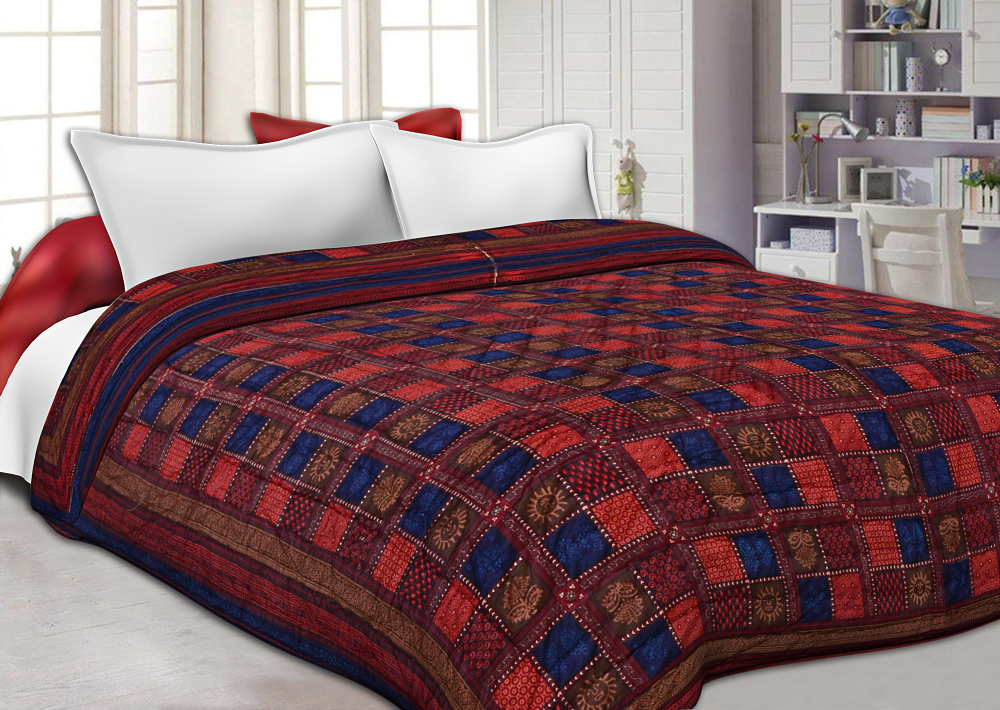 Neavy Blue Border Multi Colour  Check & Dabu Print Fine Cotton  Double Bed Quilt