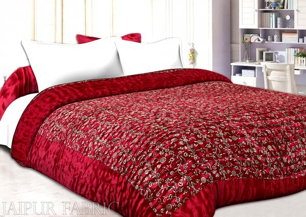 Red Base Golden Floral Print Silk Single Quilt