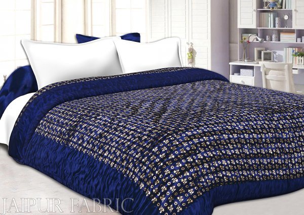 Navy Blue Base Golden Floral Print Silk Single Bed Quilt