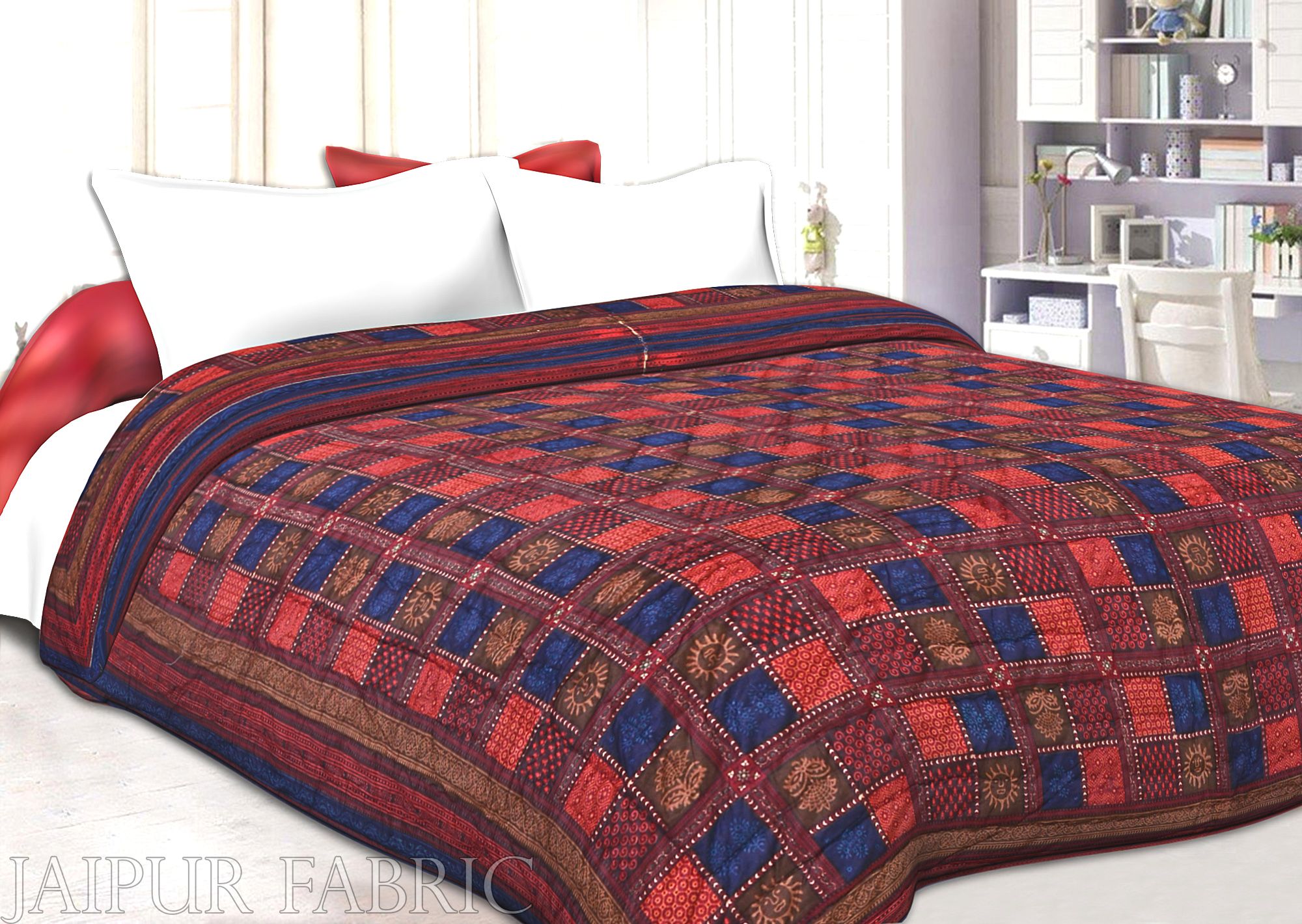 Neavy Blue Border Multi Colour  Check & Dabu Print Fine Cotton  Double Bed Quilt