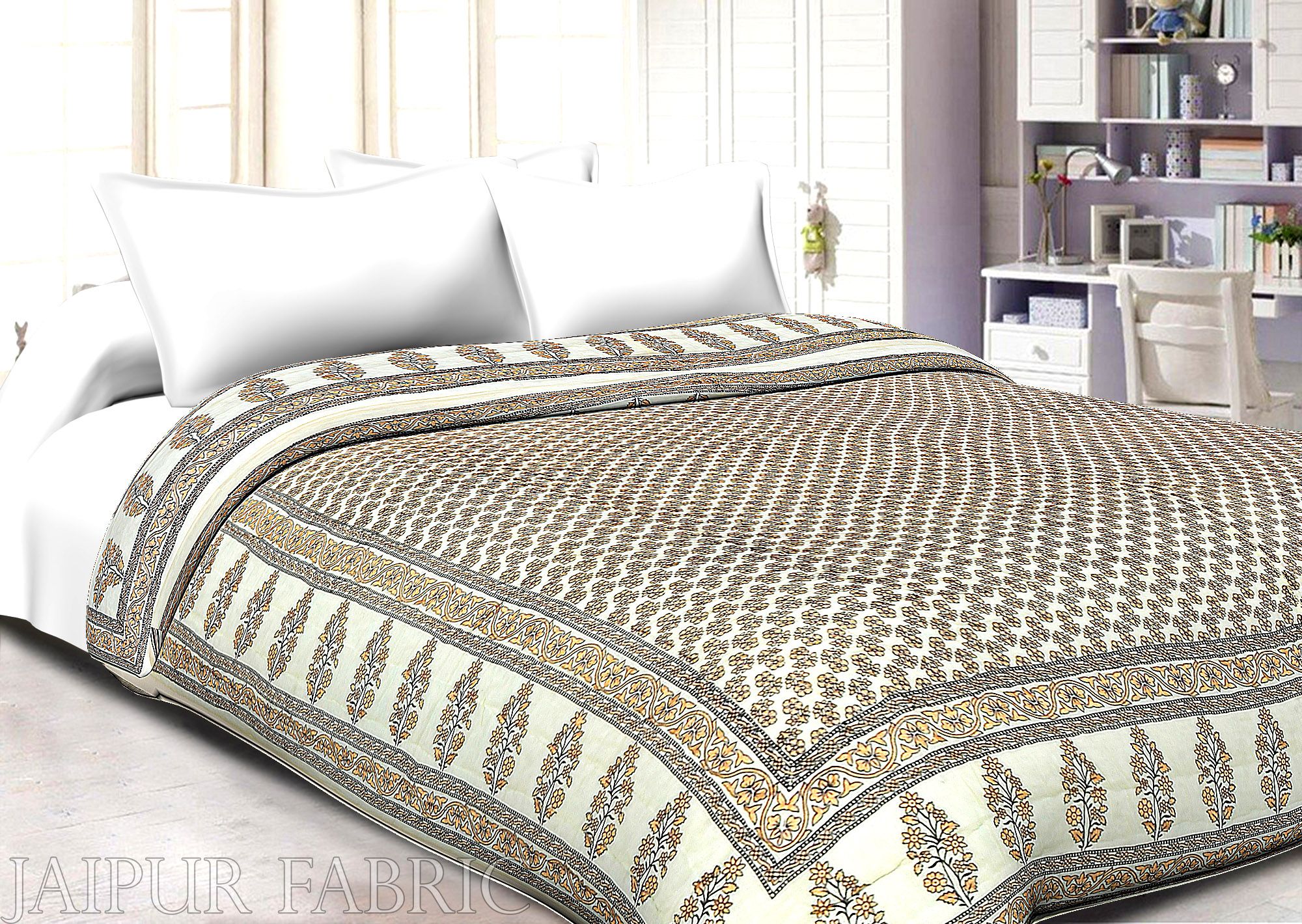 Cream Base Golden Flower With black lining Cotton Double Bed Quilt