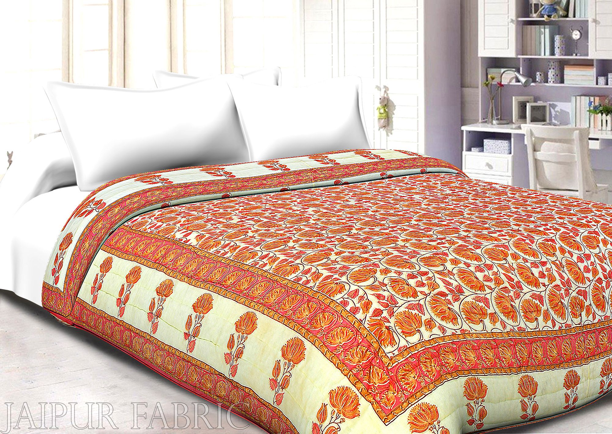 Orange And Cream Border With Golden Print Orange Flower   Cotton Dooble Bed Quilt