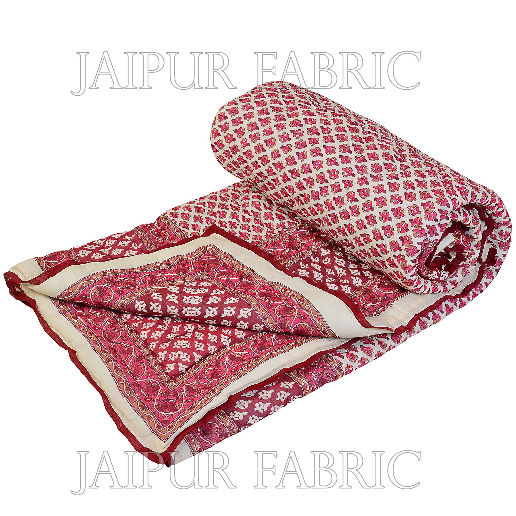 Cream Base  Pink & Maroon Small Bagru Print Cotton Double bed quilt