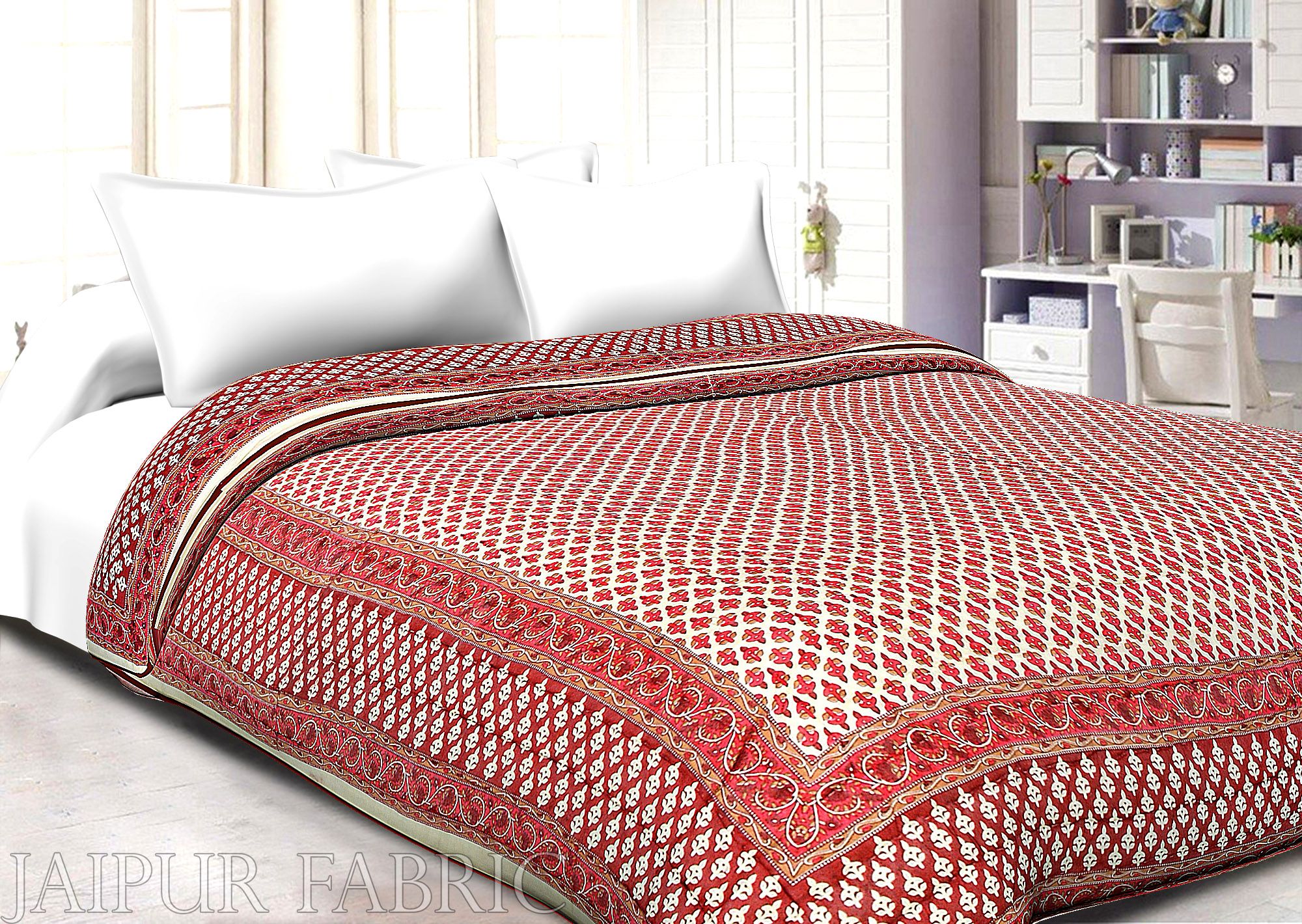 Cream Base  Pink & Maroon Small Bagru Print Cotton Double bed quilt