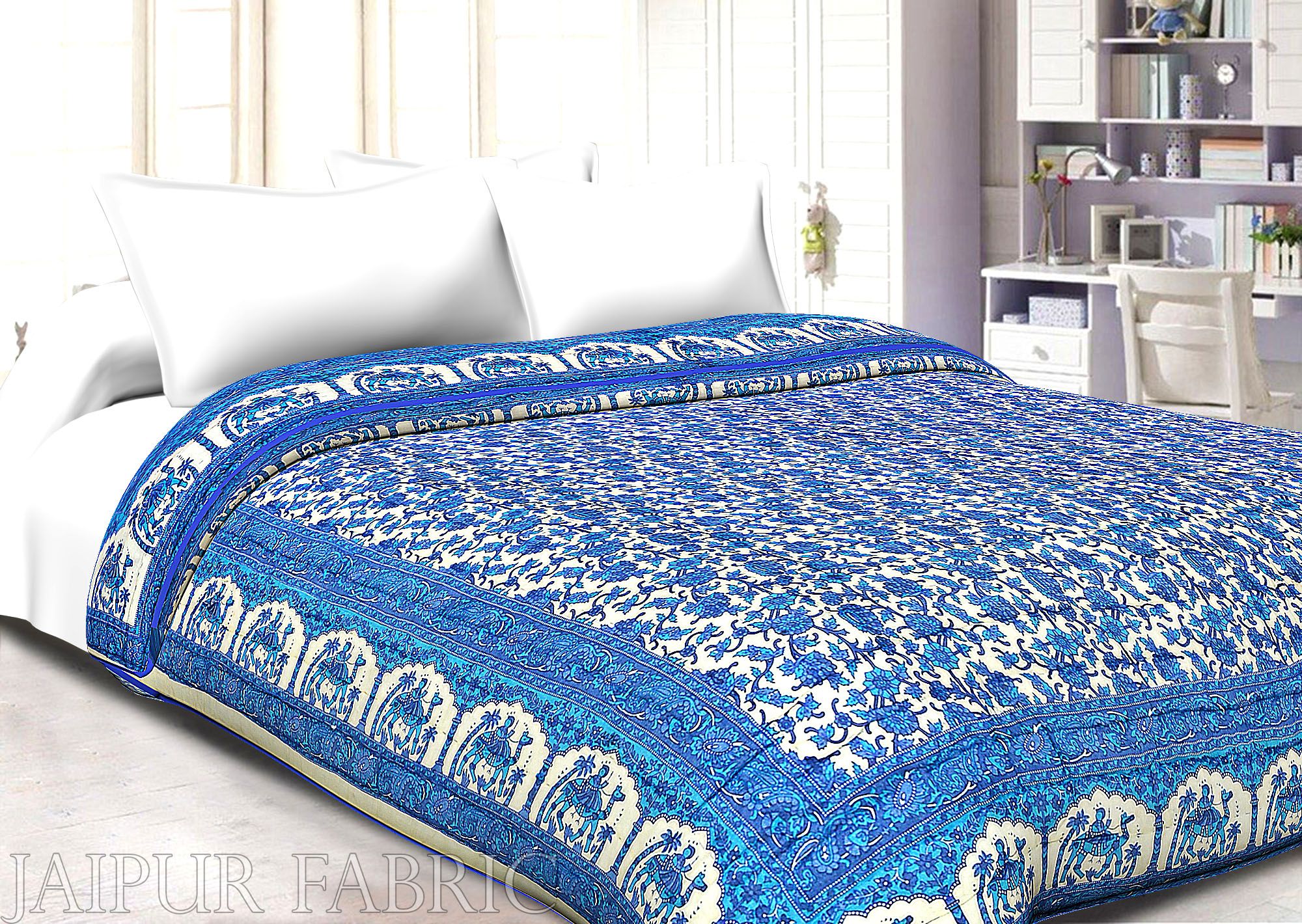 Cream Base Blue Print With Camel And Flower Cotton Double Bed Quilt