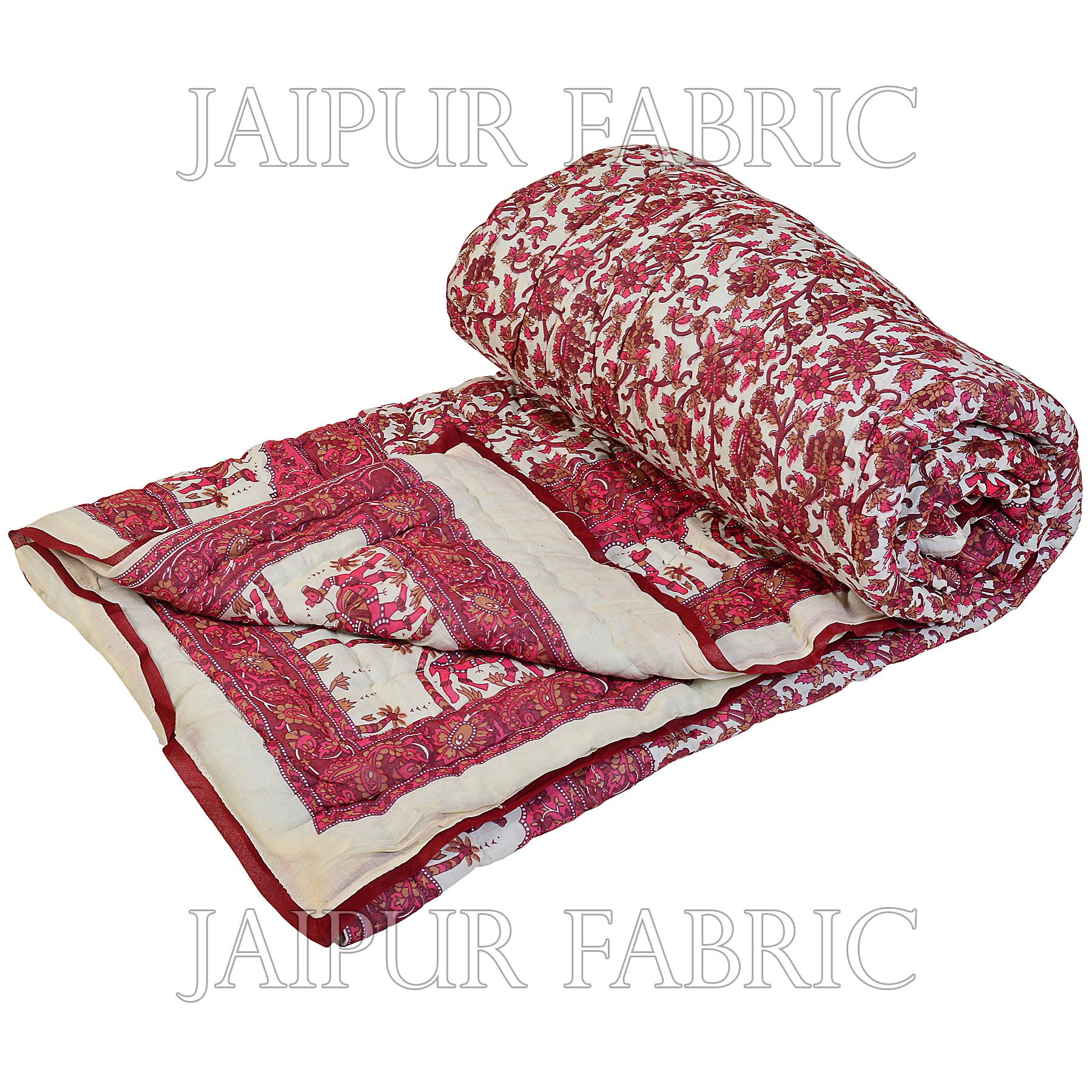 Cream Base Pink Print With Camel And Flower Cotton Double Bed Quilt