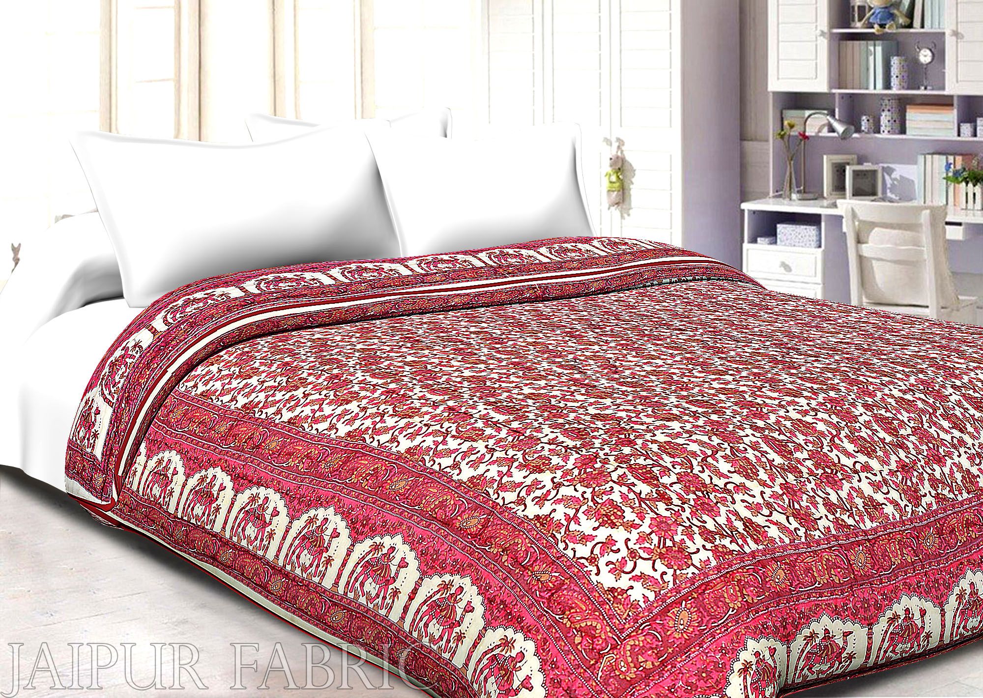 Cream Base Pink Print With Camel And Flower Cotton Double Bed Quilt