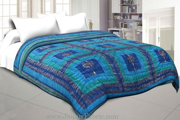 Firozi And Blue Golden Jaipuri  Tree  print Double Bed Quilt