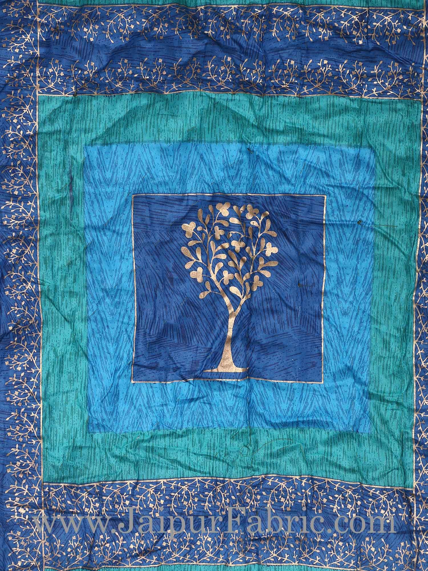 Firozi And Blue Golden Jaipuri  Tree  print Double Bed Quilt