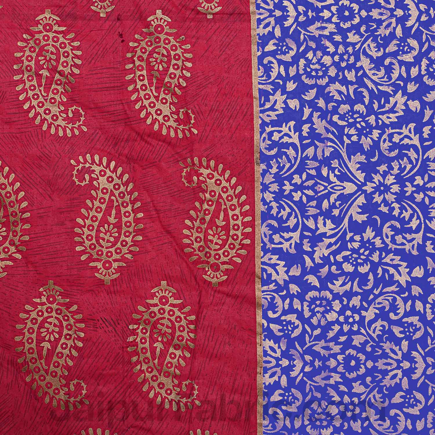 Jaipuri Printed Double Bed Razai Golden Red and blue with Paisley pattern