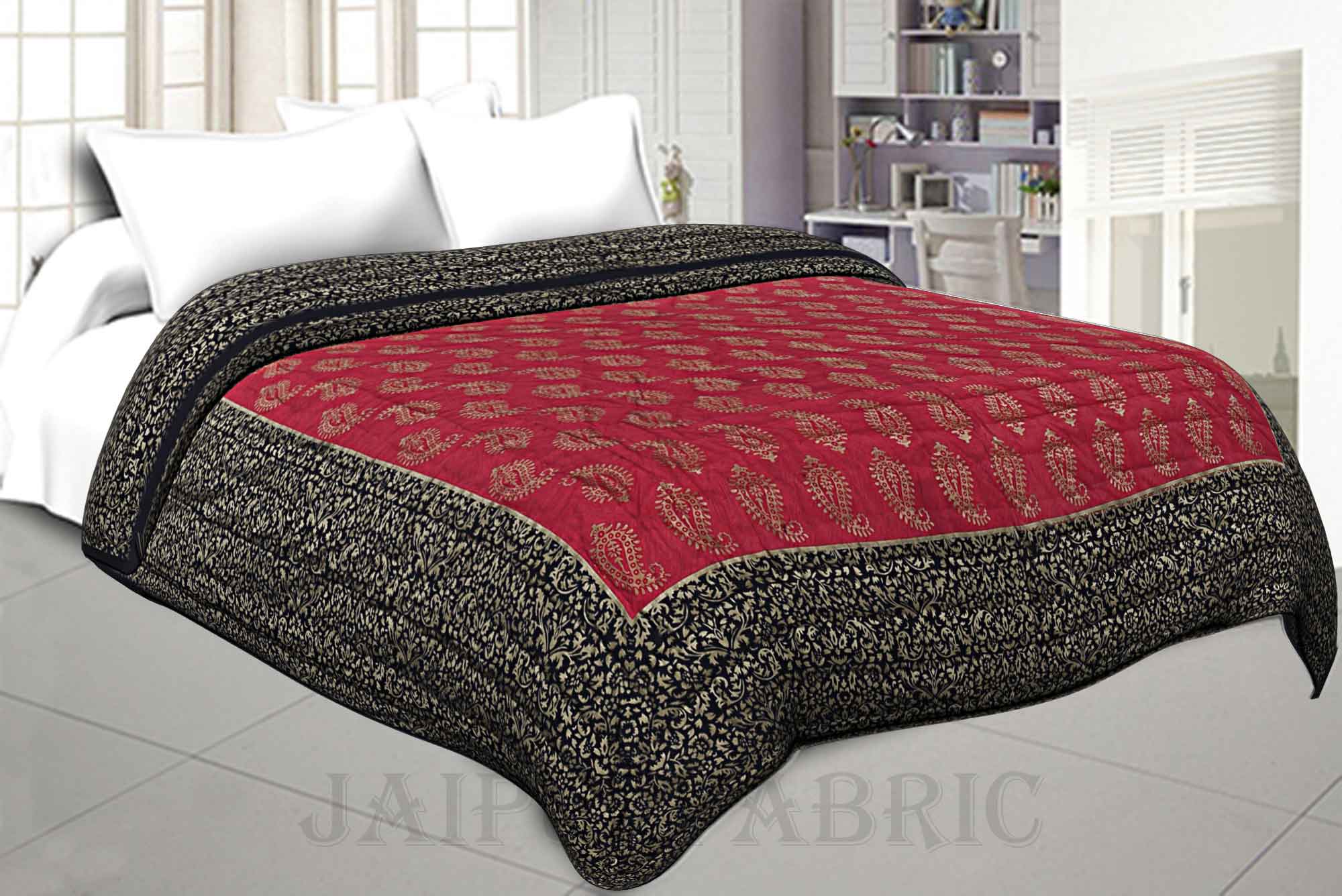 Jaipuri Printed Double Bed Razai Golden Red and Black with Paisley pattern