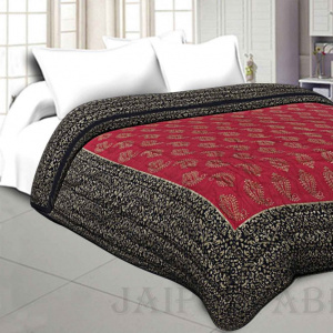 Jaipuri Printed Double Bed Razai Golden Red and Black with Paisley pattern