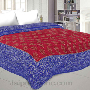 Jaipuri Printed Double Bed Razai Golden Red and blue with Paisley pattern
