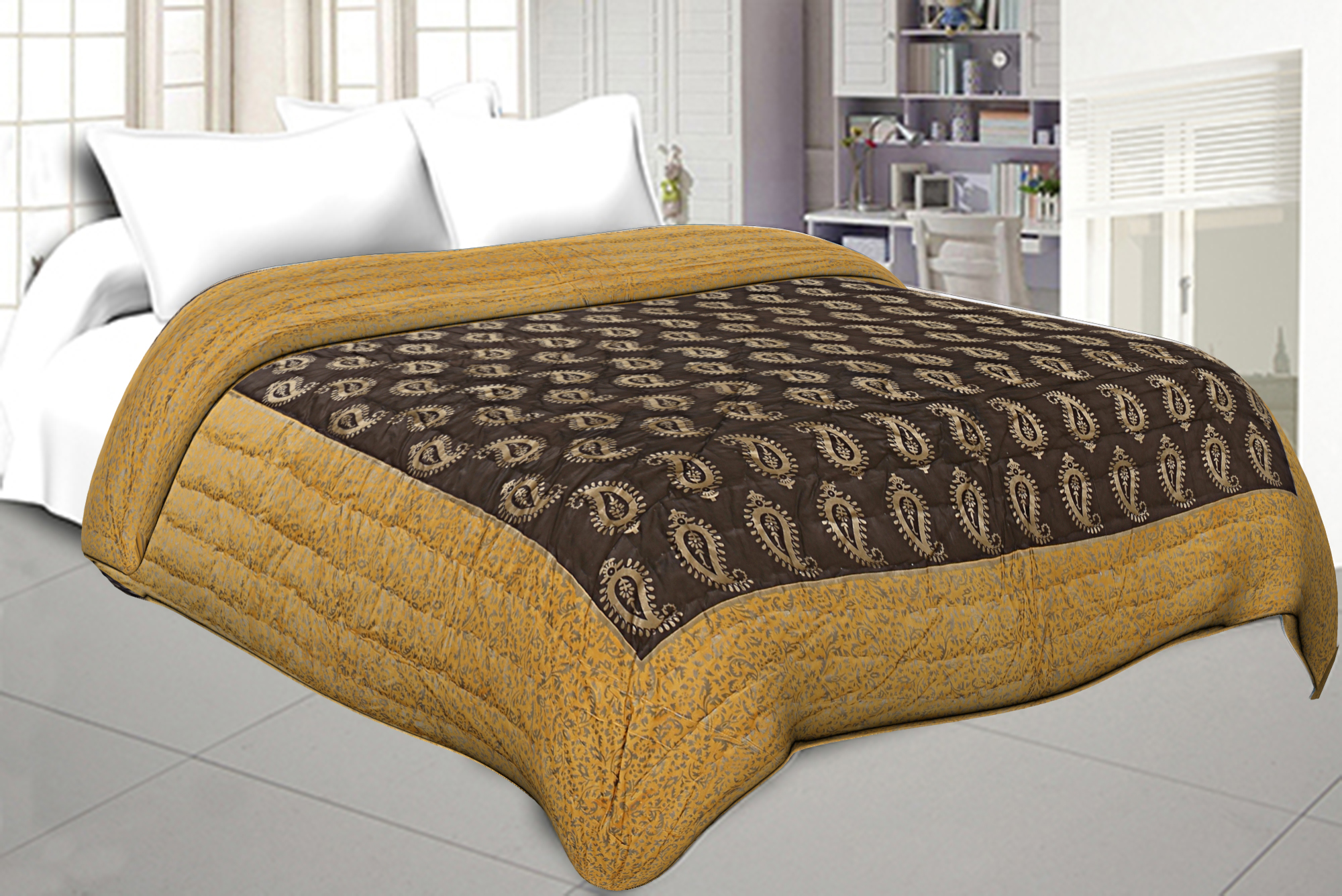Jaipuri Printed Double Bed Razai Golden Yellow and black with Paisley pattern