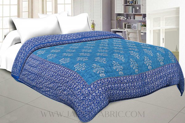 Jaipuri Printed Double Bed Razai Silver  Blue And Ice Blue White base with Jall pattern