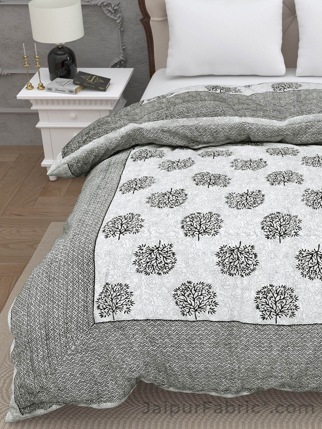 Jaipuri Rajai Tree Print 300GSM Fine Cotton Grey Double Bed Quilt