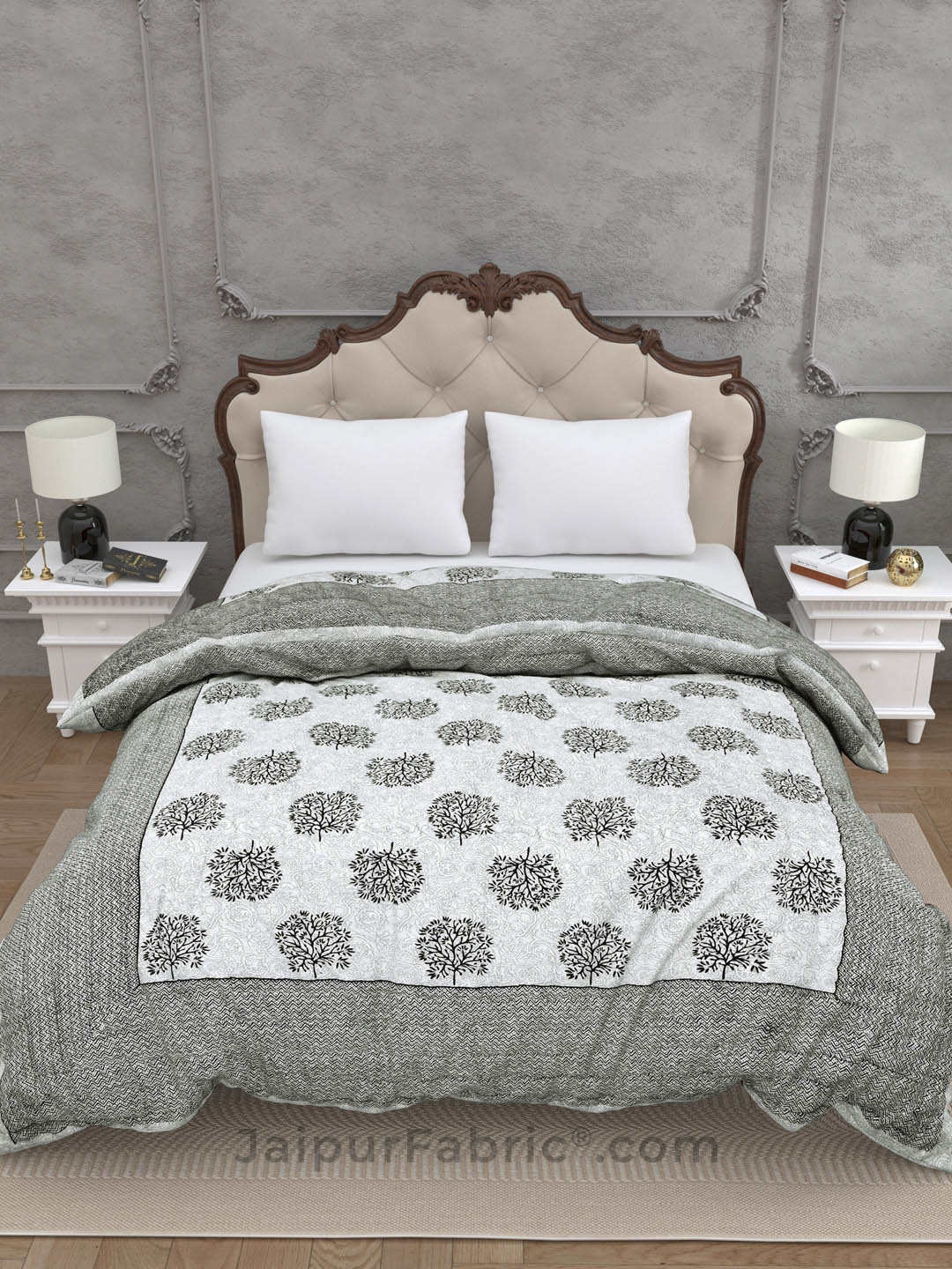 Jaipuri Rajai Tree Print 300GSM Fine Cotton Grey Double Bed Quilt