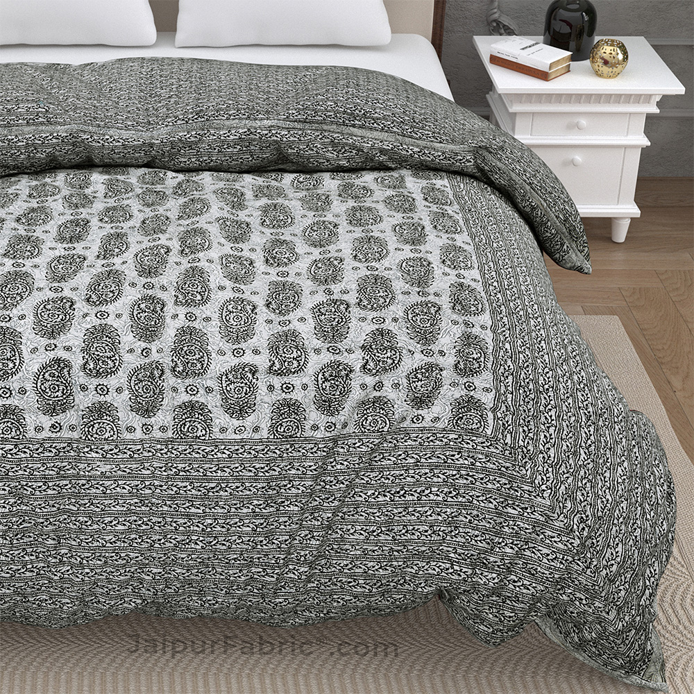 Jaipuri Quilt Grey Kerry Print Fine Cotton Double Bed Rajai Quilt Blanket Comforter