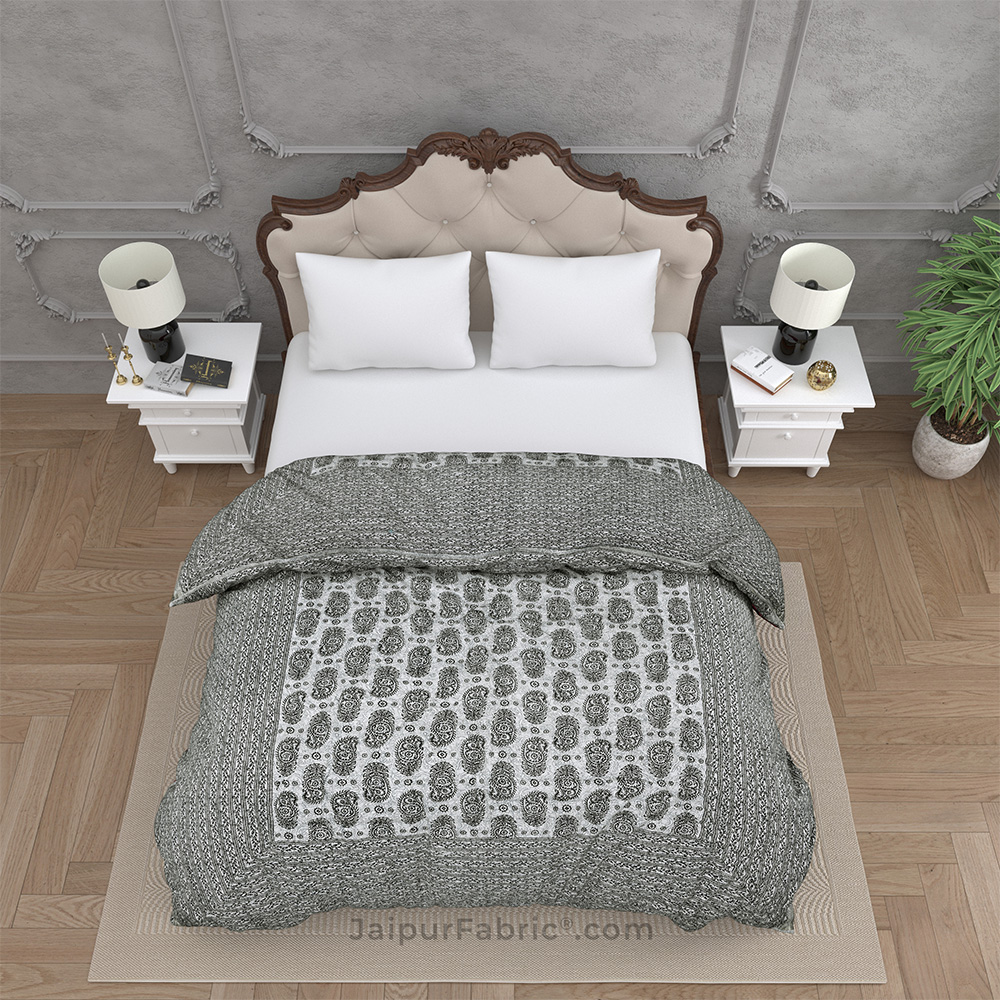Jaipuri Quilt Grey Kerry Print Fine Cotton Double Bed Rajai Quilt Blanket Comforter