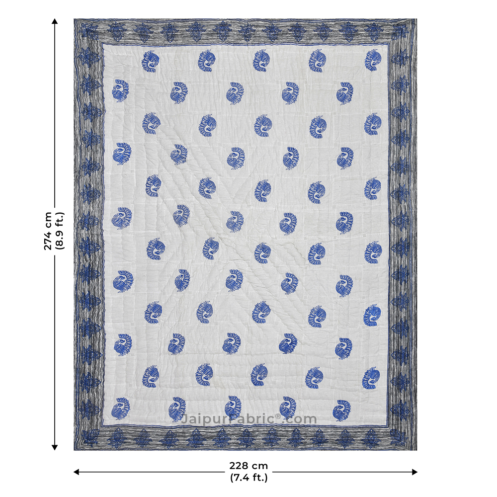 Grey Border Blue Peacock Microfiber Fill Cotton Cover Double Bed Quilt