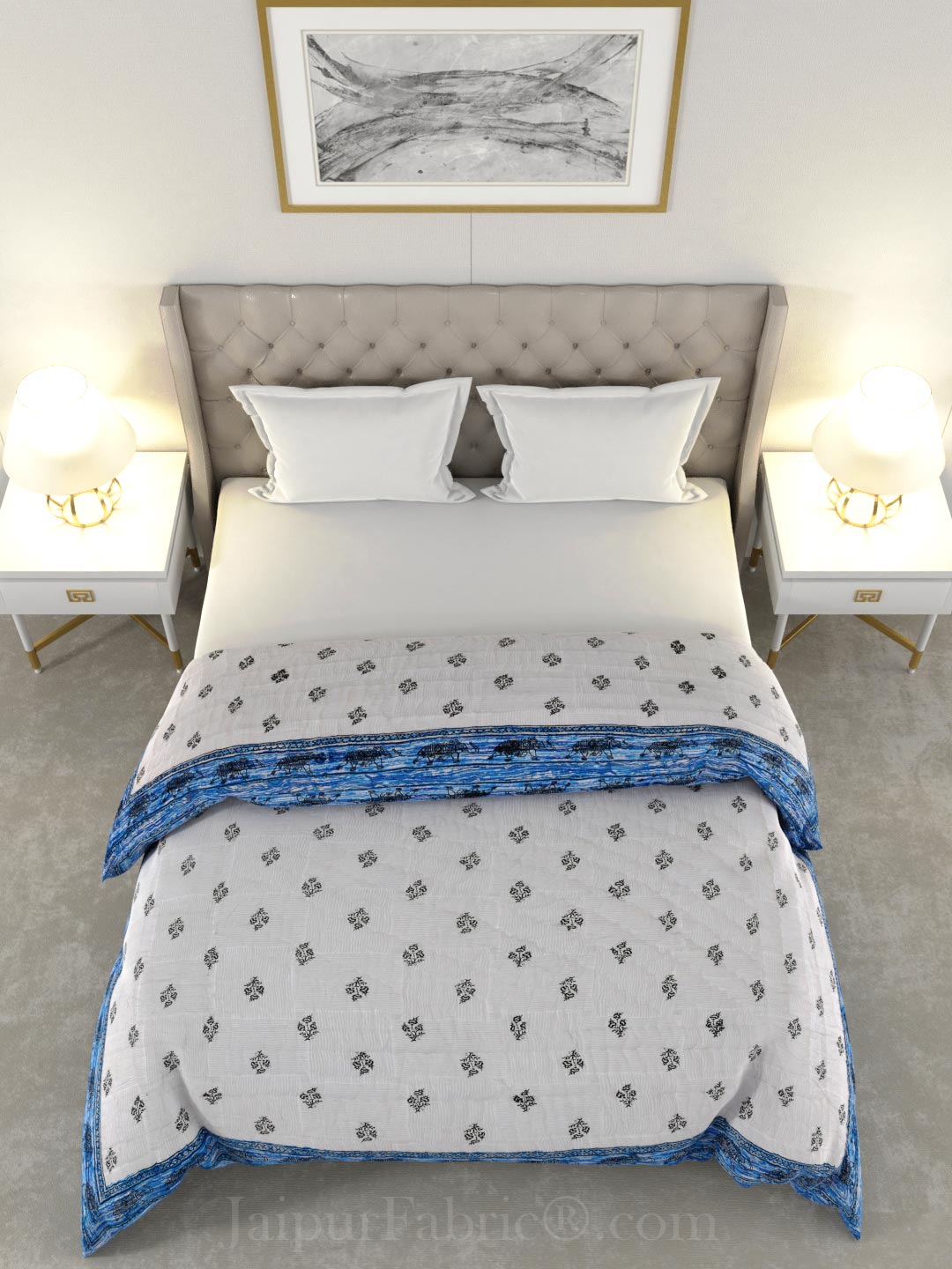 Blue Booti Grey Elephant Border Microfiber Fill Cotton Cover Double Bed Quilt