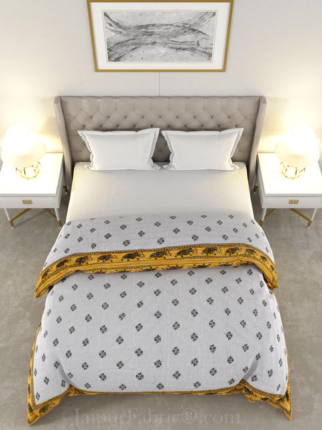 Yellow Booti Grey Elephant Border Microfiber Fill Cotton Cover Double Bed Quilt