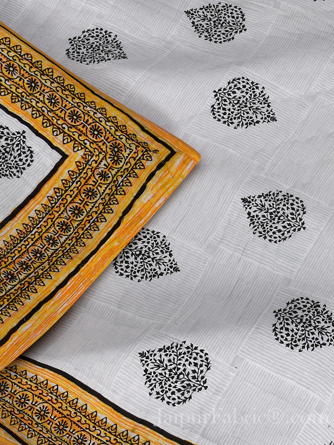 Yellow Paan Grey Rangoli Border Microfiber Fill Cotton Cover Double Bed Quilt