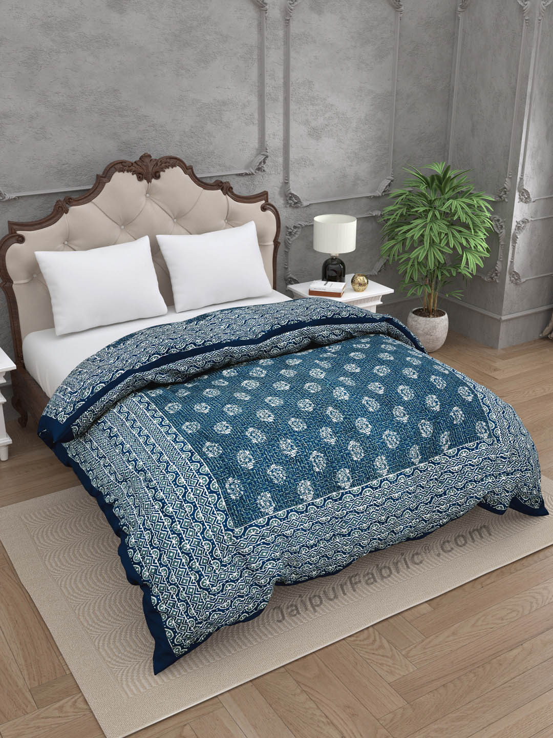 Jaipuri Rajai Daabu Traditional Print 300GSM Fine Cotton Blue Double Bed Quilt
